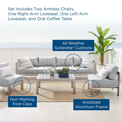 Shore Sunbrella® Fabric Outdoor Patio Aluminum 5 Piece Sectional Sofa Set, Fabric, Aluminum, Metal, Steel, Silver Grey Gray, 19763