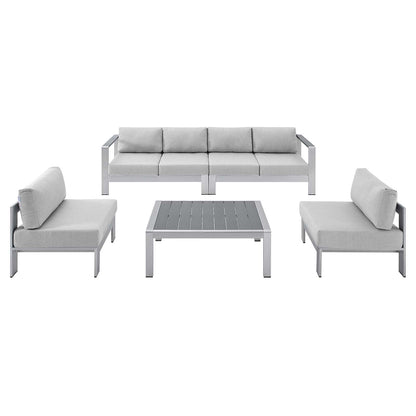 Shore Sunbrella® Fabric Outdoor Patio Aluminum 5 Piece Sectional Sofa Set, Fabric, Aluminum, Metal, Steel, Silver Grey Gray, 19763