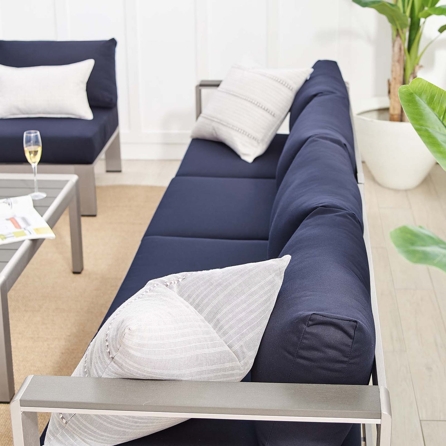 Shore Sunbrella® Fabric Outdoor Patio Aluminum 5 Piece Sectional Sofa Set, Fabric, Aluminum, Metal, Steel, Silver Blue Navy, 19764