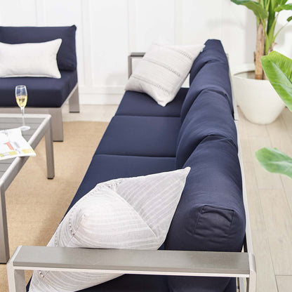 Shore Sunbrella® Fabric Outdoor Patio Aluminum 5 Piece Sectional Sofa Set, Fabric, Aluminum, Metal, Steel, Silver Blue Navy, 19764