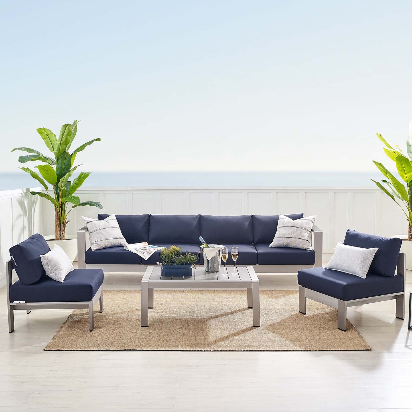 Shore Sunbrella® Fabric Outdoor Patio Aluminum 5 Piece Sectional Sofa Set, Fabric, Aluminum, Metal, Steel, Silver Blue Navy, 19764