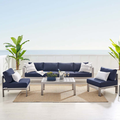 Shore Sunbrella® Fabric Outdoor Patio Aluminum 5 Piece Sectional Sofa Set, Fabric, Aluminum, Metal, Steel, Silver Blue Navy, 19764