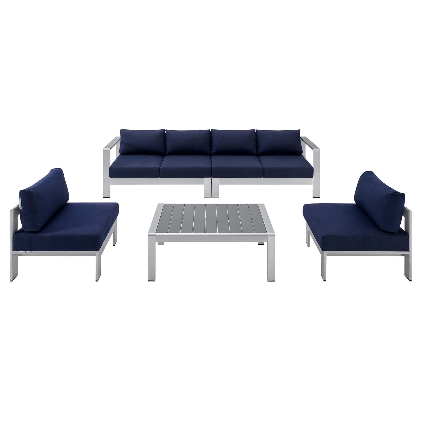 Shore Sunbrella® Fabric Outdoor Patio Aluminum 5 Piece Sectional Sofa Set, Fabric, Aluminum, Metal, Steel, Silver Blue Navy, 19764