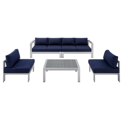 Shore Sunbrella® Fabric Outdoor Patio Aluminum 5 Piece Sectional Sofa Set, Fabric, Aluminum, Metal, Steel, Silver Blue Navy, 19764
