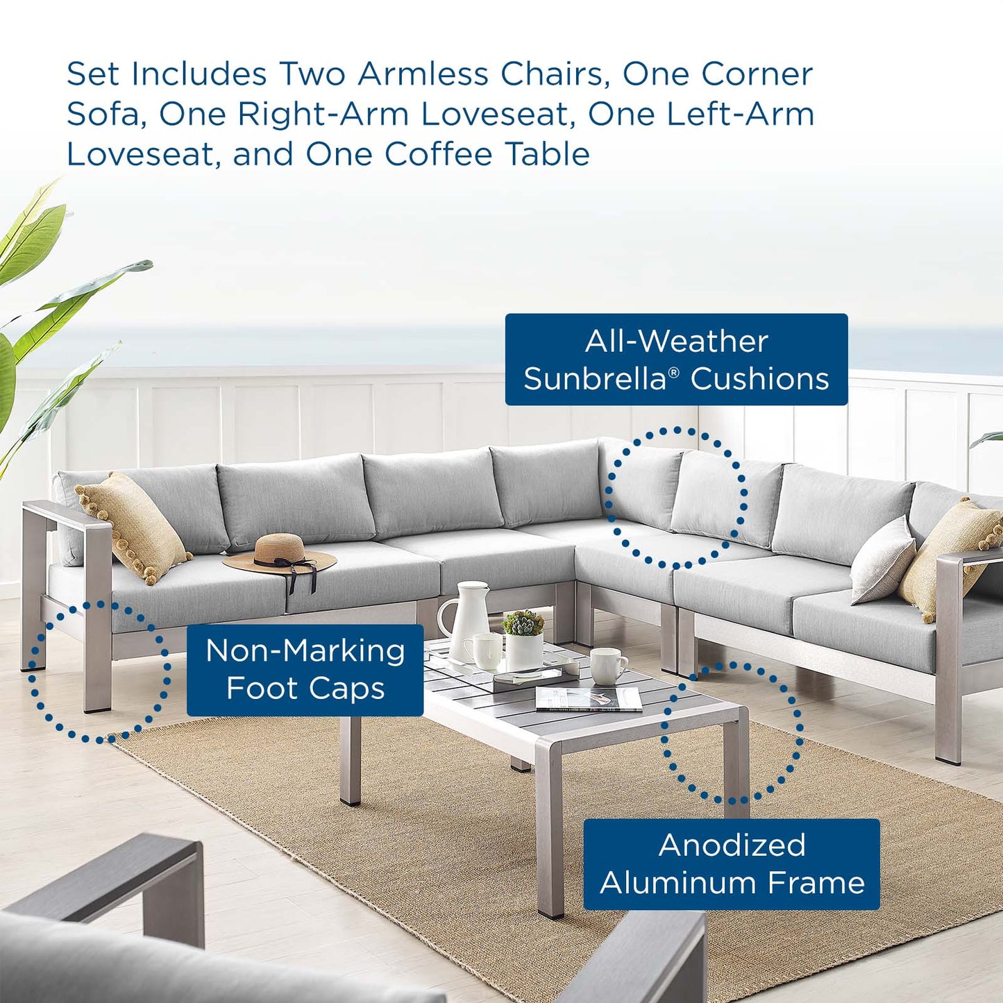 Shore Sunbrella® Fabric Outdoor Patio Aluminum 6 Piece Sectional Sofa Set, Fabric, Aluminum, Metal, Steel, Silver Grey Gray, 19765