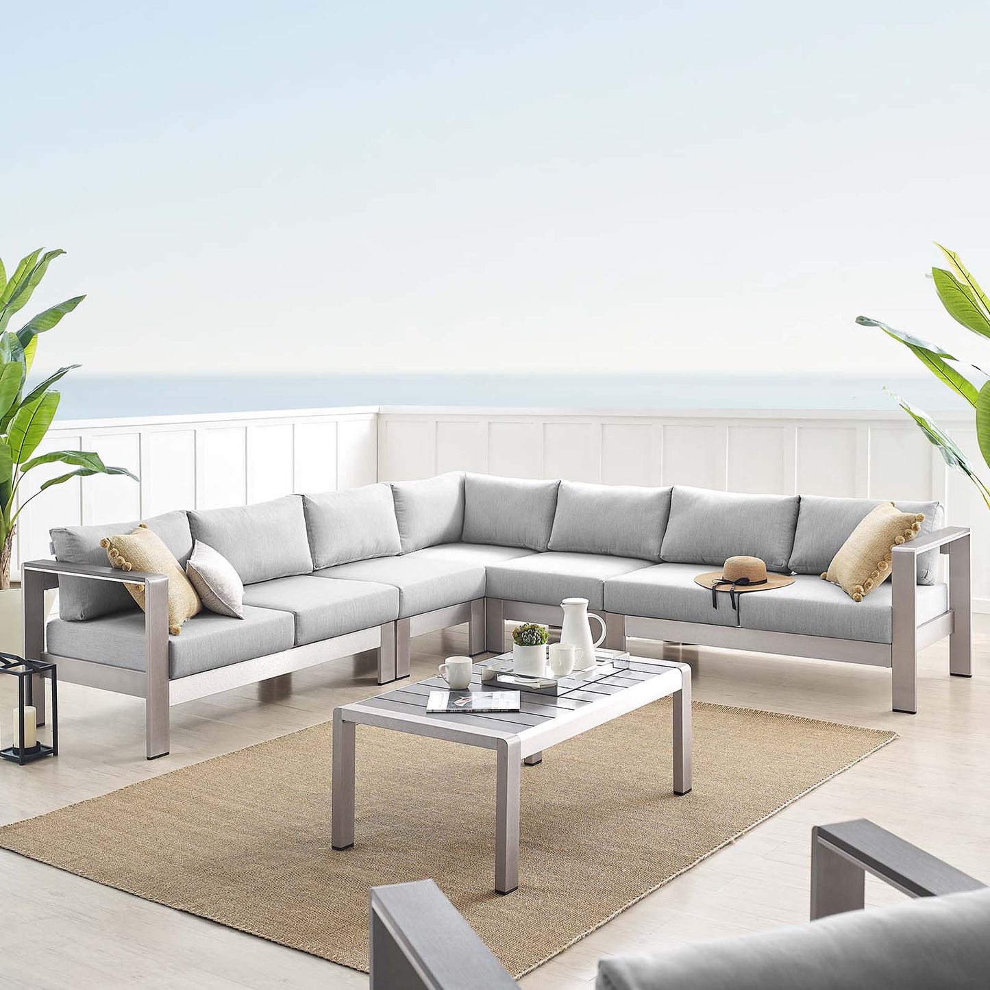 Shore Sunbrella® Fabric Outdoor Patio Aluminum 6 Piece Sectional Sofa Set, Fabric, Aluminum, Metal, Steel, Silver Grey Gray, 19765
