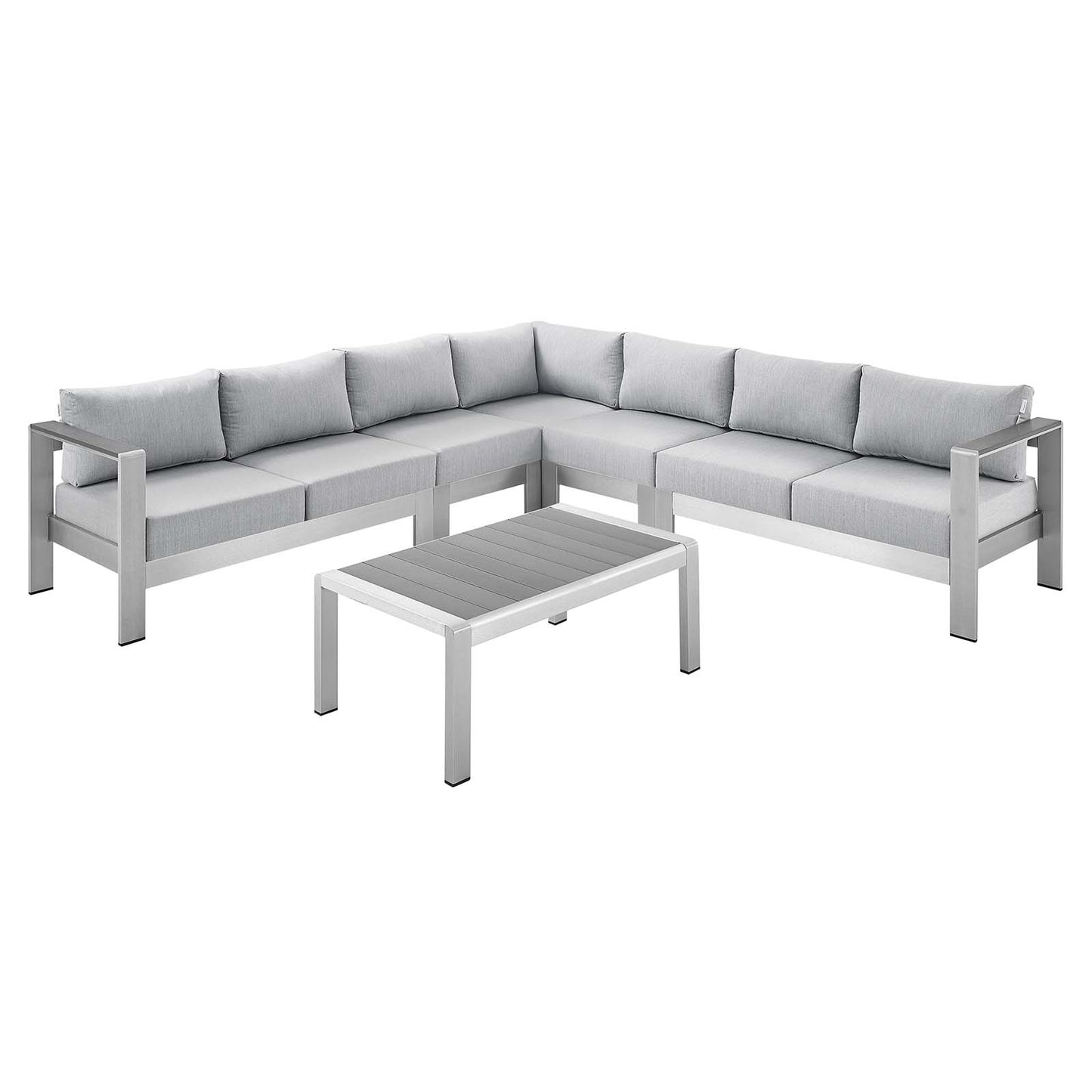 Shore Sunbrella® Fabric Outdoor Patio Aluminum 6 Piece Sectional Sofa Set, Fabric, Aluminum, Metal, Steel, Silver Grey Gray, 19765