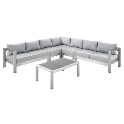 Shore Sunbrella® Fabric Outdoor Patio Aluminum 6 Piece Sectional Sofa Set, Fabric, Aluminum, Metal, Steel, Silver Grey Gray, 19765