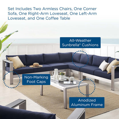 Shore Sunbrella® Fabric Outdoor Patio Aluminum 6 Piece Sectional Sofa Set, Fabric, Aluminum, Metal, Steel, Silver Blue Navy, 19766