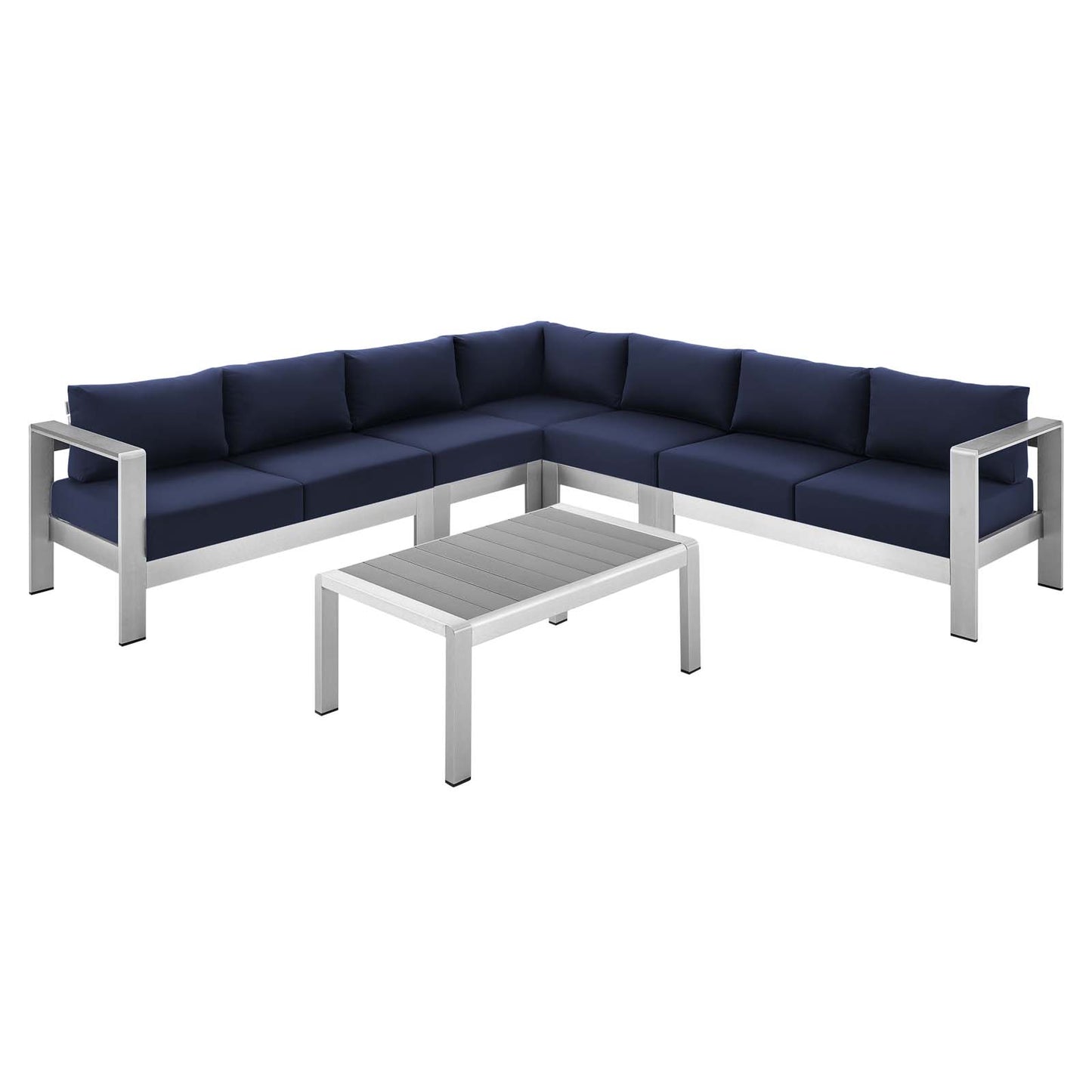 Shore Sunbrella® Fabric Outdoor Patio Aluminum 6 Piece Sectional Sofa Set, Fabric, Aluminum, Metal, Steel, Silver Blue Navy, 19766