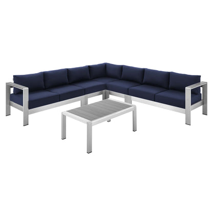 Shore Sunbrella® Fabric Outdoor Patio Aluminum 6 Piece Sectional Sofa Set, Fabric, Aluminum, Metal, Steel, Silver Blue Navy, 19766