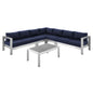 Shore Sunbrella® Fabric Outdoor Patio Aluminum 6 Piece Sectional Sofa Set, Fabric, Aluminum, Metal, Steel, Silver Blue Navy, 19766