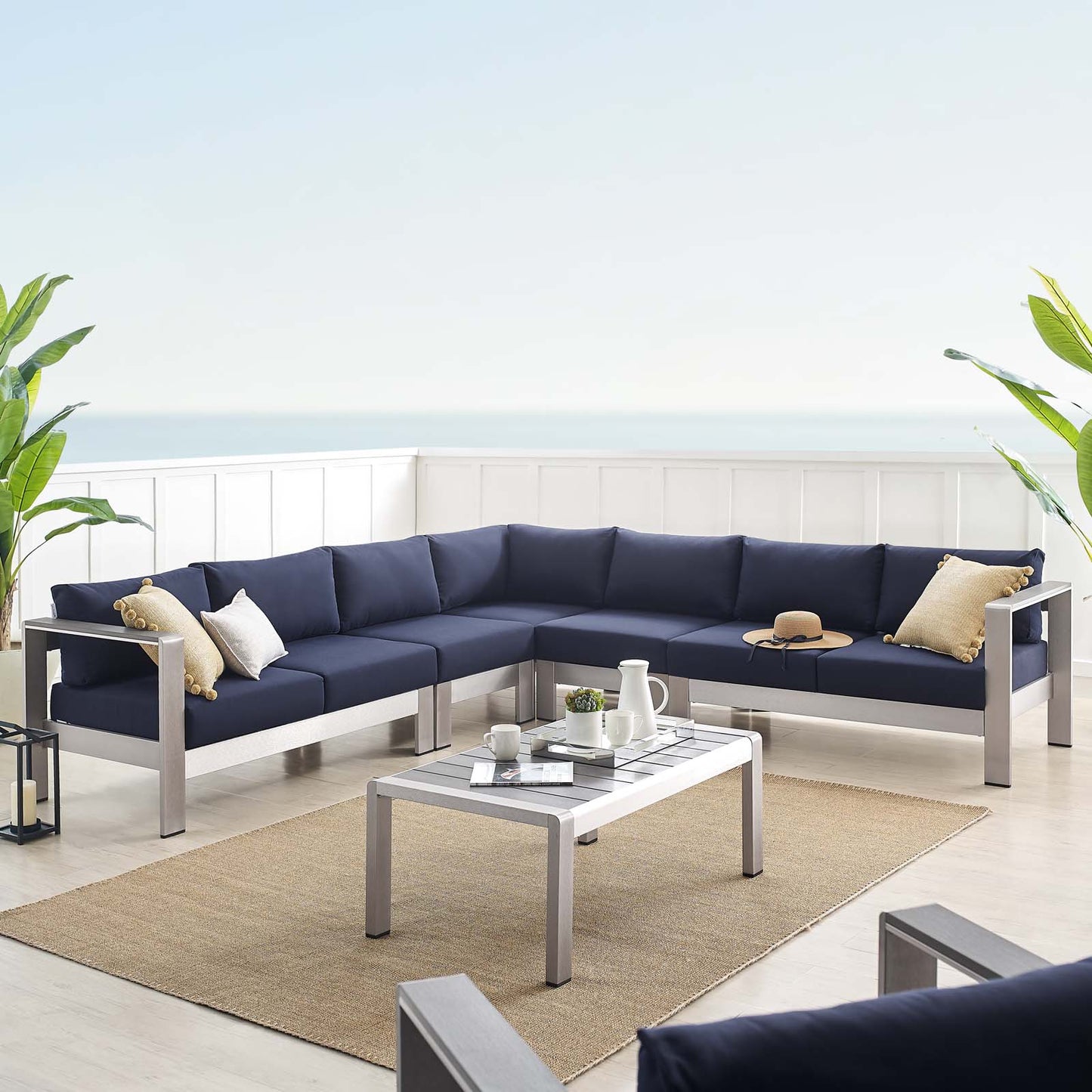 Shore Sunbrella® Fabric Outdoor Patio Aluminum 6 Piece Sectional Sofa Set, Fabric, Aluminum, Metal, Steel, Silver Blue Navy, 19766