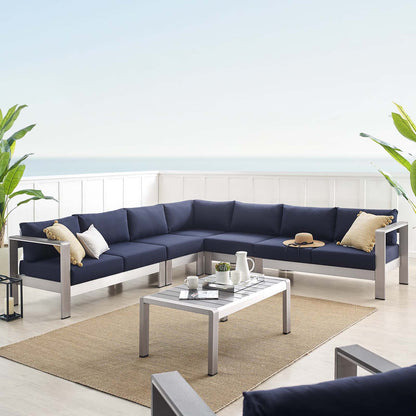 Shore Sunbrella® Fabric Outdoor Patio Aluminum 6 Piece Sectional Sofa Set, Fabric, Aluminum, Metal, Steel, Silver Blue Navy, 19766