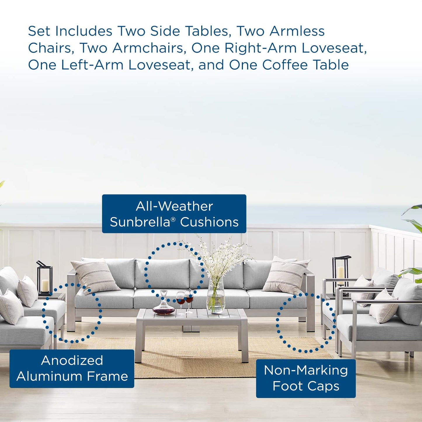 Shore Sunbrella® Fabric Outdoor Patio Aluminum 9 Piece Sectional Sofa Set, Fabric, Aluminum, Metal, Steel, Silver Grey Gray, 19767