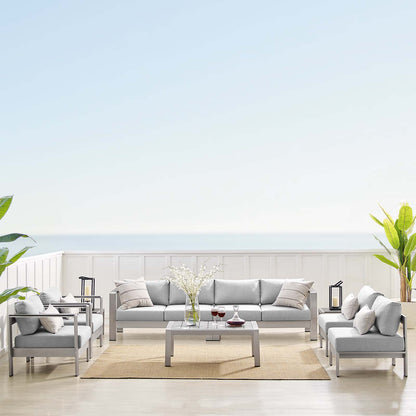 Shore Sunbrella® Fabric Outdoor Patio Aluminum 9 Piece Sectional Sofa Set, Fabric, Aluminum, Metal, Steel, Silver Grey Gray, 19767