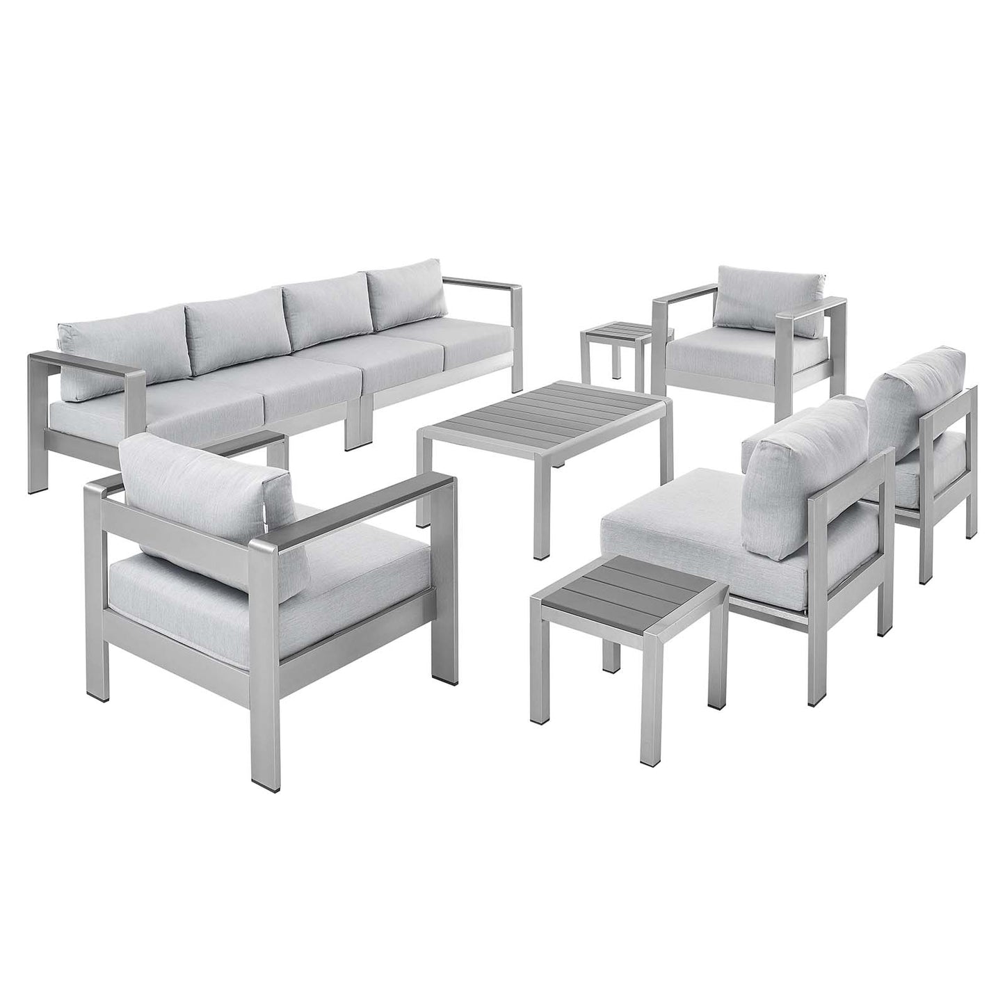 Shore Sunbrella® Fabric Outdoor Patio Aluminum 9 Piece Sectional Sofa Set, Fabric, Aluminum, Metal, Steel, Silver Grey Gray, 19767