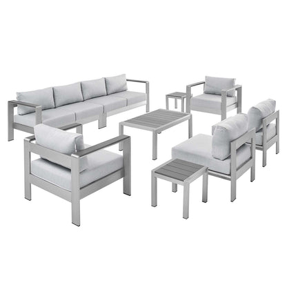 Shore Sunbrella® Fabric Outdoor Patio Aluminum 9 Piece Sectional Sofa Set, Fabric, Aluminum, Metal, Steel, Silver Grey Gray, 19767