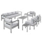 Shore Sunbrella® Fabric Outdoor Patio Aluminum 9 Piece Sectional Sofa Set, Fabric, Aluminum, Metal, Steel, Silver Grey Gray, 19767