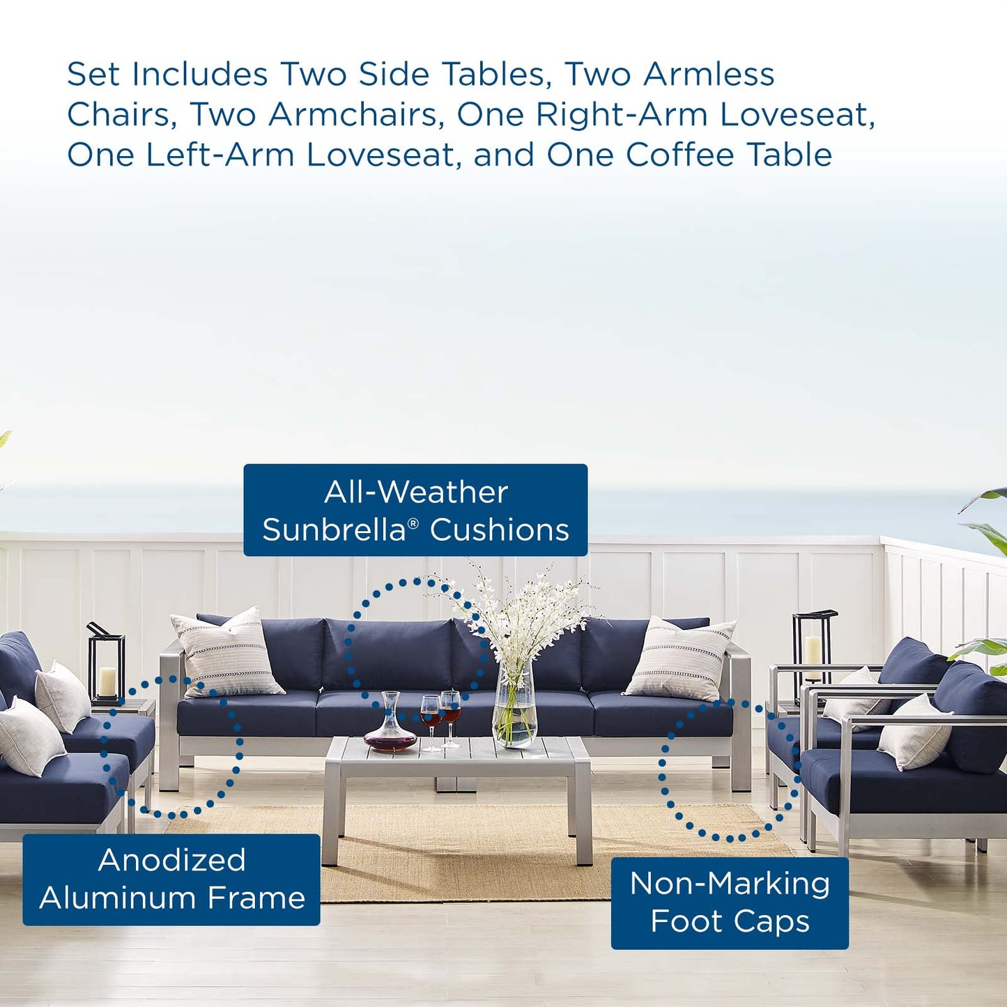 Shore Sunbrella® Fabric Outdoor Patio Aluminum 9 Piece Sectional Sofa Set, Fabric, Aluminum, Metal, Steel, Silver Blue Navy, 19768