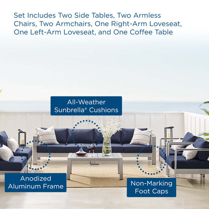 Shore Sunbrella® Fabric Outdoor Patio Aluminum 9 Piece Sectional Sofa Set, Fabric, Aluminum, Metal, Steel, Silver Blue Navy, 19768