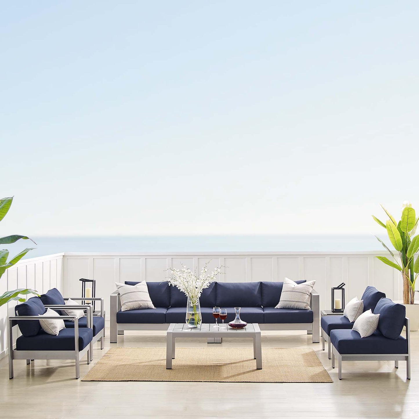 Shore Sunbrella® Fabric Outdoor Patio Aluminum 9 Piece Sectional Sofa Set, Fabric, Aluminum, Metal, Steel, Silver Blue Navy, 19768