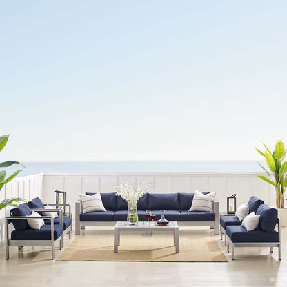 Shore Sunbrella® Fabric Outdoor Patio Aluminum 9 Piece Sectional Sofa Set, Fabric, Aluminum, Metal, Steel, Silver Blue Navy, 19768