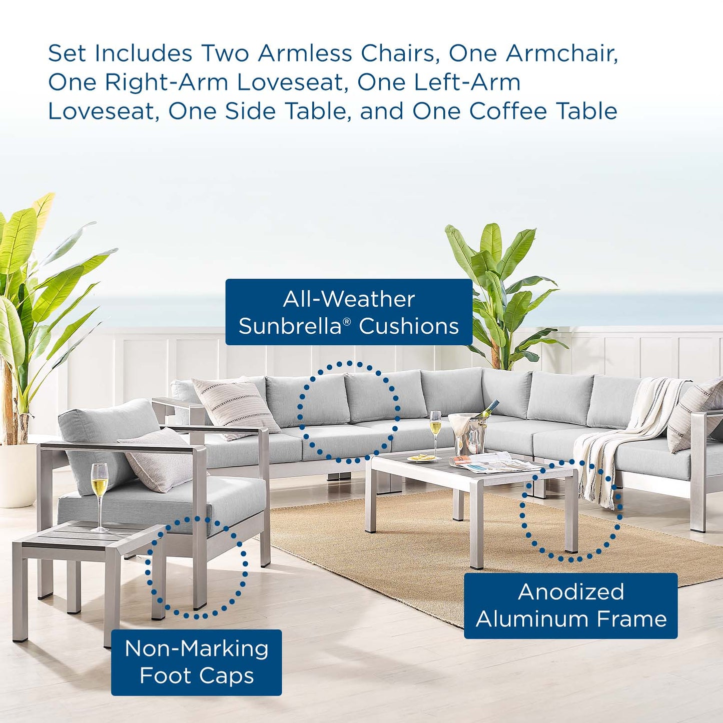 Shore Sunbrella® Fabric Outdoor Patio Aluminum 8 Piece Sectional Sofa Set, Fabric, Aluminum, Metal, Steel, Silver Grey Gray, 19770