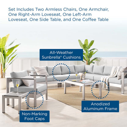 Shore Sunbrella® Fabric Outdoor Patio Aluminum 8 Piece Sectional Sofa Set, Fabric, Aluminum, Metal, Steel, Silver Grey Gray, 19770