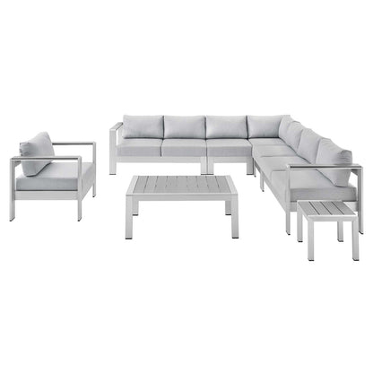 Shore Sunbrella® Fabric Outdoor Patio Aluminum 8 Piece Sectional Sofa Set, Fabric, Aluminum, Metal, Steel, Silver Grey Gray, 19770