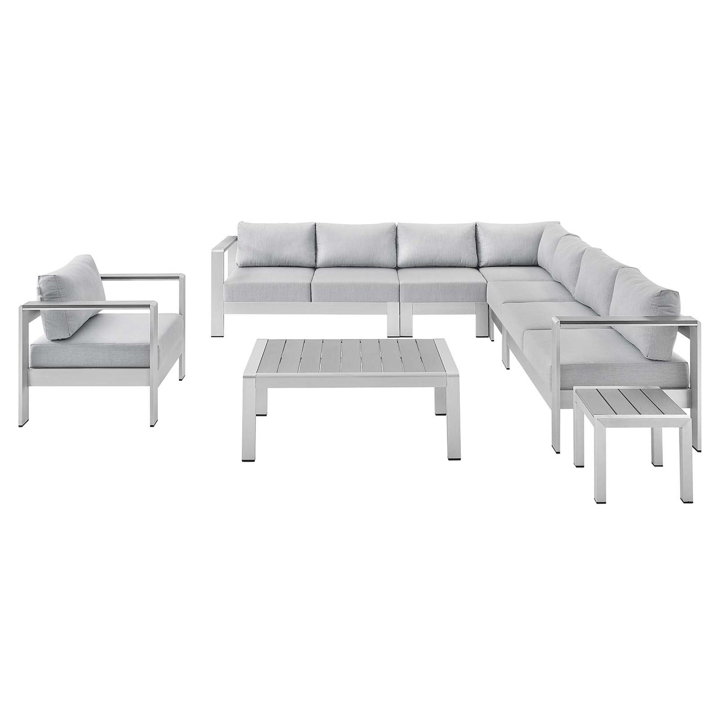 Shore Sunbrella® Fabric Outdoor Patio Aluminum 8 Piece Sectional Sofa Set, Fabric, Aluminum, Metal, Steel, Silver Grey Gray, 19770