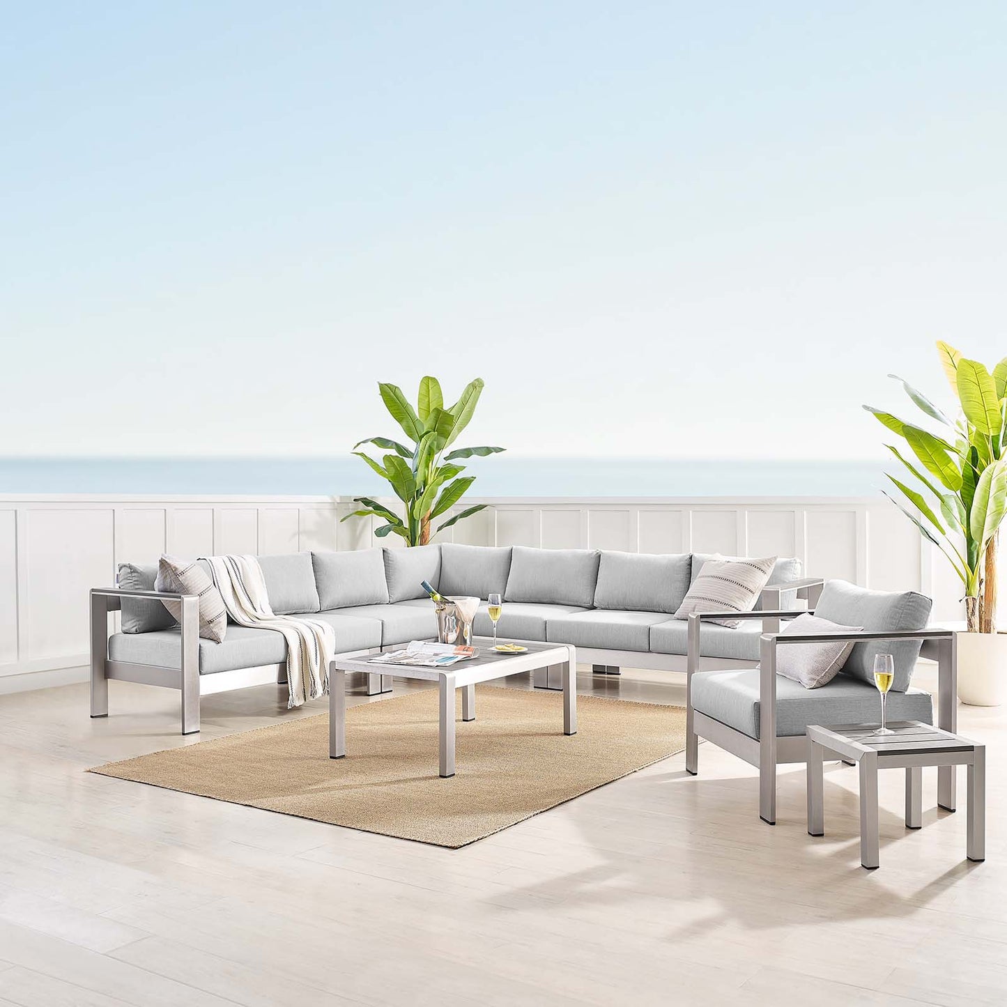 Shore Sunbrella® Fabric Outdoor Patio Aluminum 8 Piece Sectional Sofa Set, Fabric, Aluminum, Metal, Steel, Silver Grey Gray, 19770