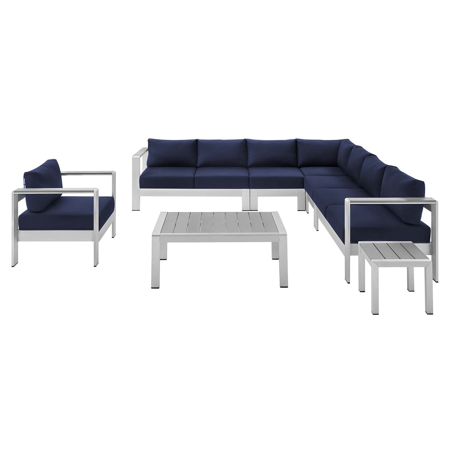 Shore Sunbrella® Fabric Outdoor Patio Aluminum 8 Piece Sectional Sofa Set, Fabric, Aluminum, Metal, Steel, Silver Blue Navy, 19772