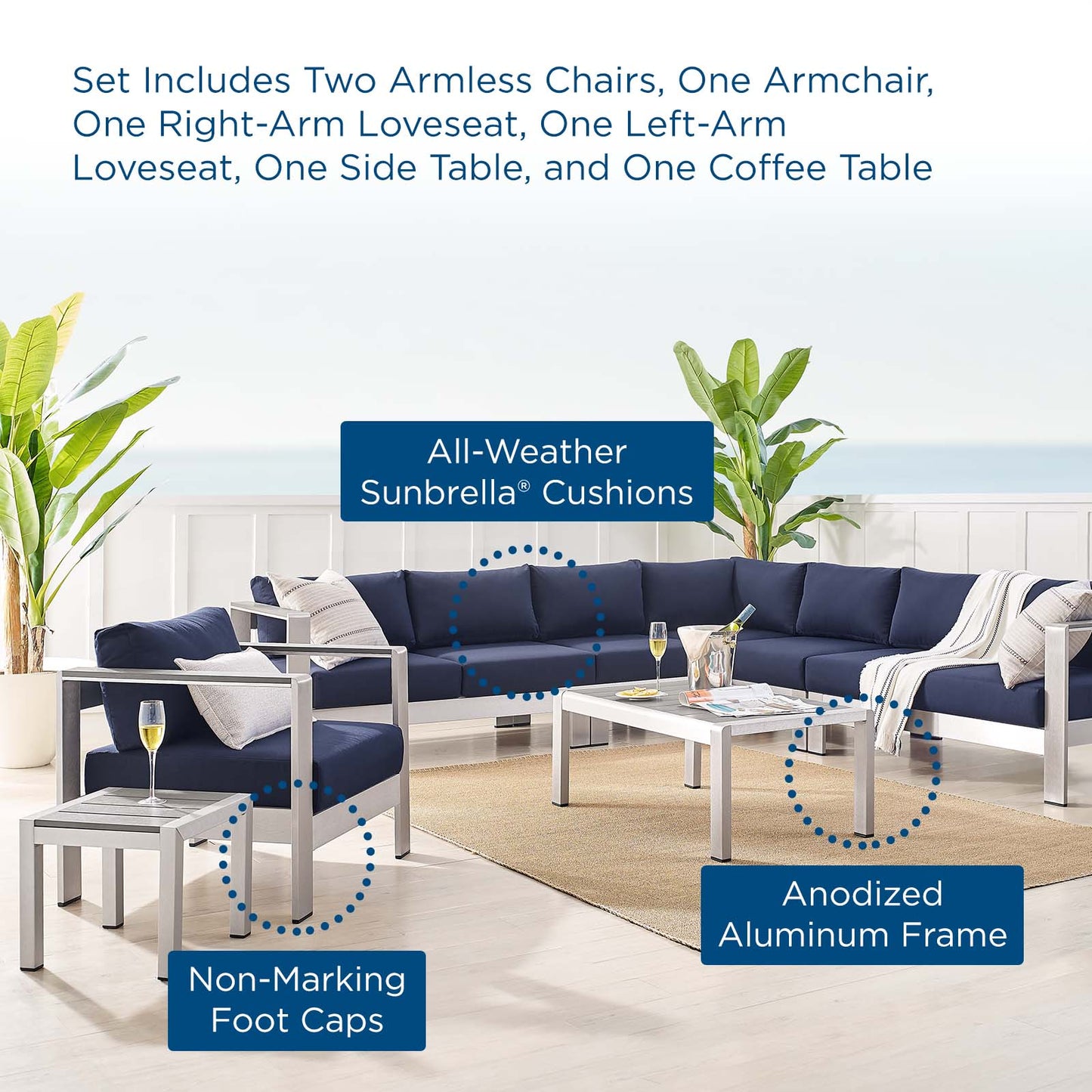 Shore Sunbrella® Fabric Outdoor Patio Aluminum 8 Piece Sectional Sofa Set, Fabric, Aluminum, Metal, Steel, Silver Blue Navy, 19772