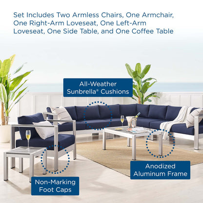 Shore Sunbrella® Fabric Outdoor Patio Aluminum 8 Piece Sectional Sofa Set, Fabric, Aluminum, Metal, Steel, Silver Blue Navy, 19772