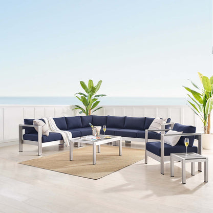 Shore Sunbrella® Fabric Outdoor Patio Aluminum 8 Piece Sectional Sofa Set, Fabric, Aluminum, Metal, Steel, Silver Blue Navy, 19772