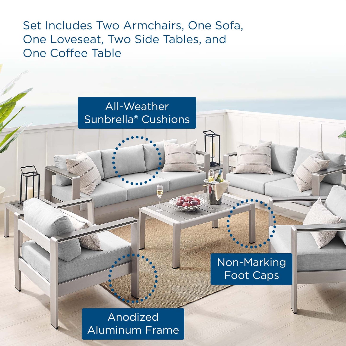 Shore Sunbrella® Fabric Outdoor Patio Aluminum 7 Piece Set, Fabric, Aluminum, Metal, Steel, Silver Grey Gray, 19773