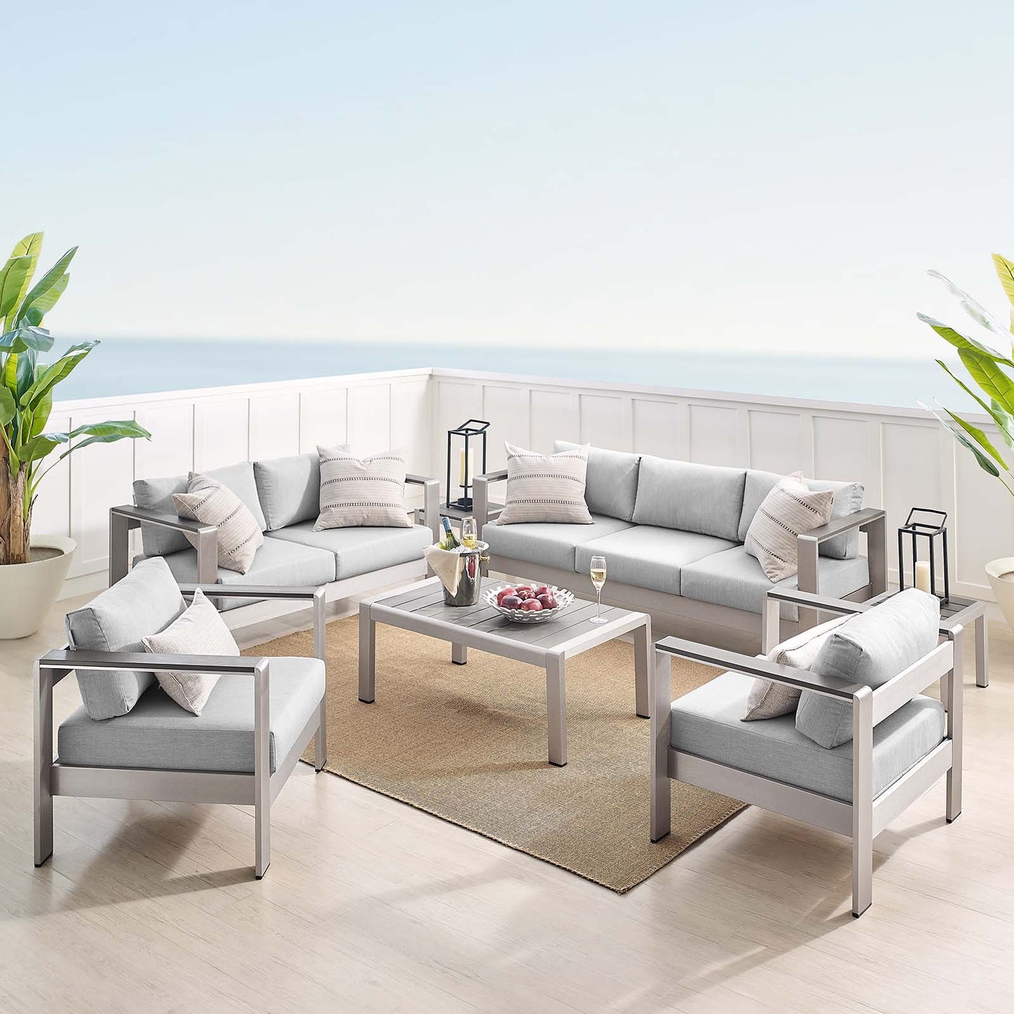 Shore Sunbrella® Fabric Outdoor Patio Aluminum 7 Piece Set, Fabric, Aluminum, Metal, Steel, Silver Grey Gray, 19773