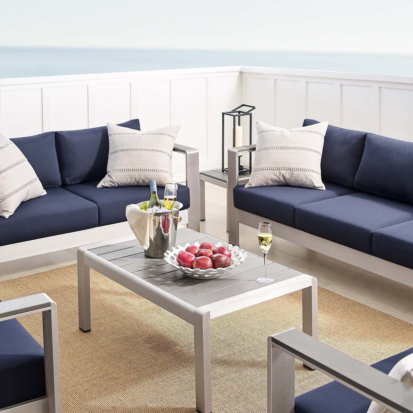 Shore Sunbrella® Fabric Outdoor Patio Aluminum 7 Piece Set, Fabric, Aluminum, Metal, Steel, Silver Blue Navy, 19774