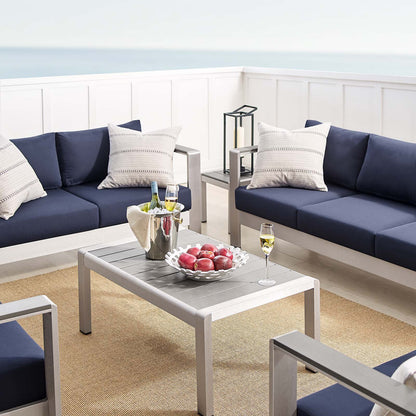 Shore Sunbrella® Fabric Outdoor Patio Aluminum 7 Piece Set, Fabric, Aluminum, Metal, Steel, Silver Blue Navy, 19774