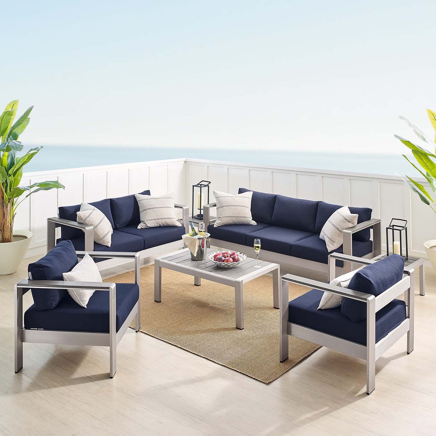 Shore Sunbrella® Fabric Outdoor Patio Aluminum 7 Piece Set, Fabric, Aluminum, Metal, Steel, Silver Blue Navy, 19774