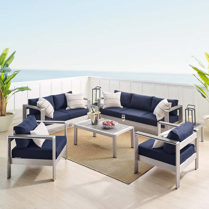 Shore Sunbrella® Fabric Outdoor Patio Aluminum 7 Piece Set, Fabric, Aluminum, Metal, Steel, Silver Blue Navy, 19774
