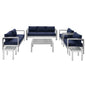 Shore Sunbrella® Fabric Outdoor Patio Aluminum 7 Piece Set, Fabric, Aluminum, Metal, Steel, Silver Blue Navy, 19774