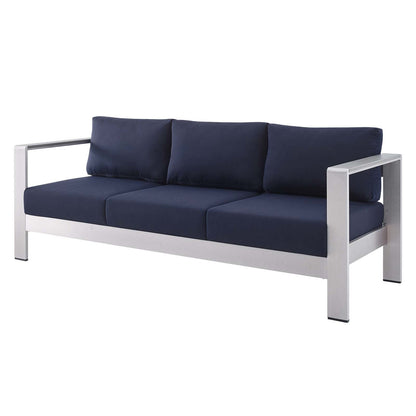 Shore Sunbrella® Fabric Outdoor Patio Aluminum 7 Piece Set, Fabric, Aluminum, Metal, Steel, Silver Blue Navy, 19774