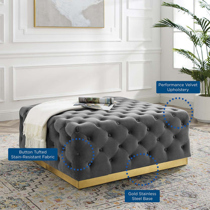 Ensconce Tufted Performance Velvet Square Ottoman, Velvet, Grey Gray, 19777