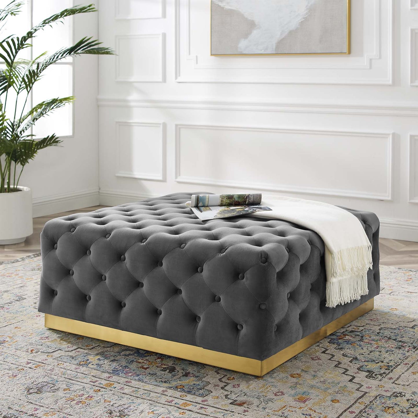 Ensconce Tufted Performance Velvet Square Ottoman, Velvet, Grey Gray, 19777