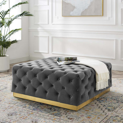 Ensconce Tufted Performance Velvet Square Ottoman, Velvet, Grey Gray, 19777