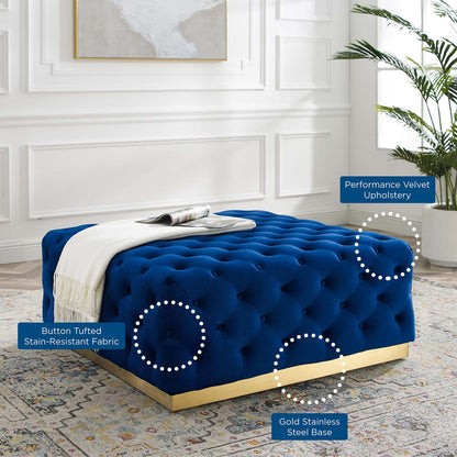 Ensconce Tufted Performance Velvet Square Ottoman, Velvet, Blue Navy, 19778