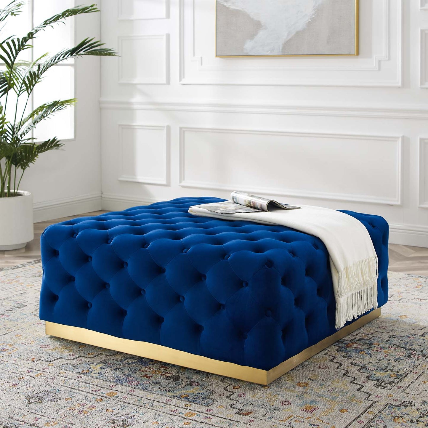 Ensconce Tufted Performance Velvet Square Ottoman, Velvet, Blue Navy, 19778