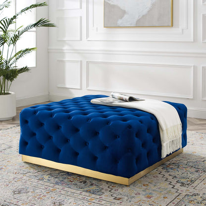 Ensconce Tufted Performance Velvet Square Ottoman, Velvet, Blue Navy, 19778
